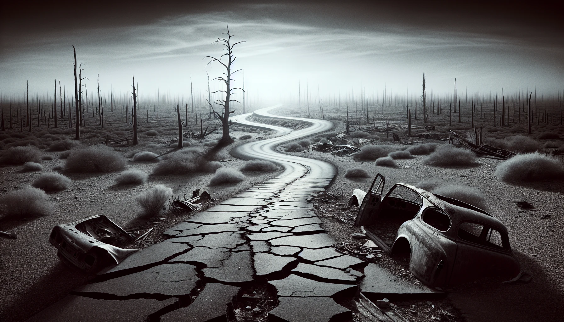 A haunting landscape unfolds, where remnants of a once-thriving civilization clash with the desolate beauty of a broken highway. Cracked asphalt winds through a barren wasteland, punctuated by rusted car husks and scattered debris. The sky looms gray and heavy, casting a somber light over the scene. Dried shrubs and skeletal trees stretch towards the horizon, embodying the silence of abandonment and the echoes of the past.