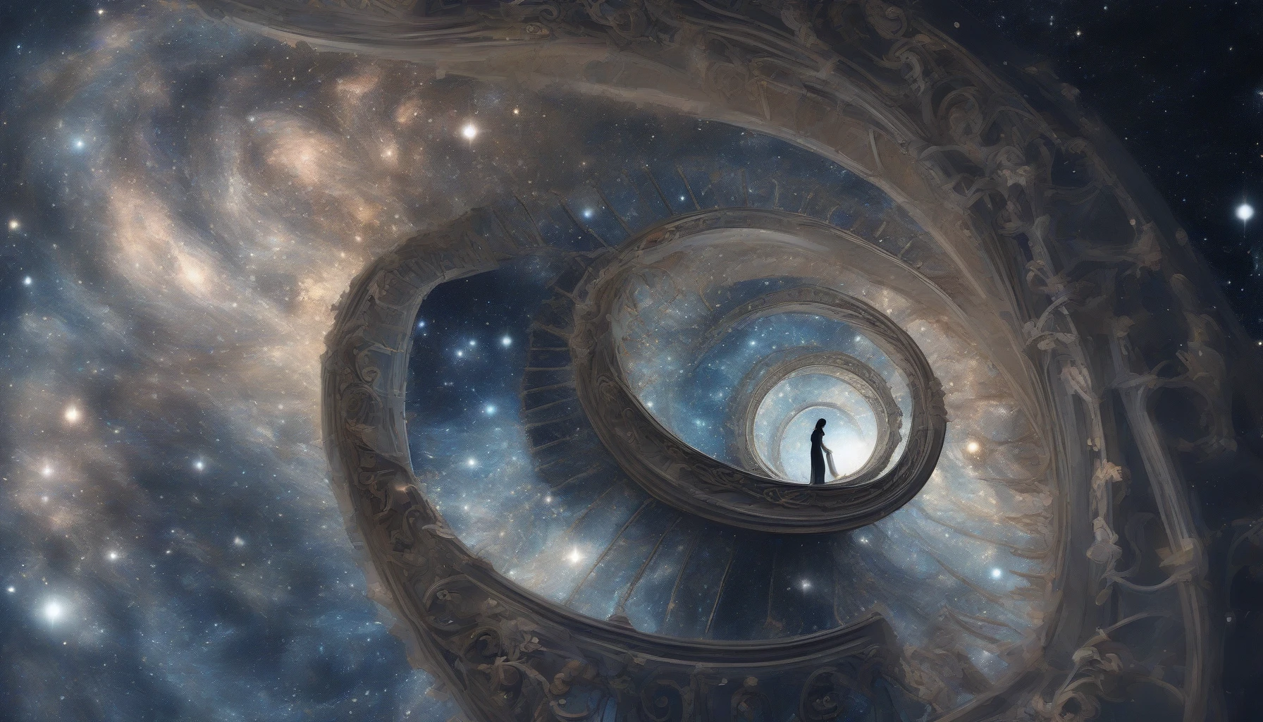 Imagine a mesmerizing spiral staircase that twists infinitely into a dark, starry void. The steps are crafted from ethereal light, glowing softly against the backdrop of the cosmos. Celestial bodies twinkle in the distance, creating a sense of depth and mystery. The air shimmers with a bluish hue, evoking a dreamlike atmosphere, while the faint echo of whispers suggests the presence of unseen travelers in this boundless journey.