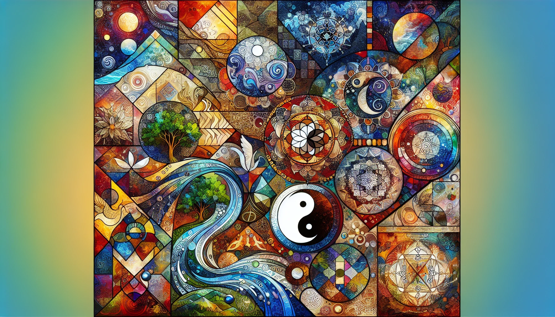 Create a vibrant collage that intertwines the elements of nature—like trees, rivers, and mountains—with spiritual symbols such as mandalas, yin-yangs, and sacred geometry. Each component should flow seamlessly, reflecting a balance between the physical and metaphysical realms. Use a rich color palette to evoke emotions, creating a harmonious representation of the interconnectedness of life, spirit, and the universe.