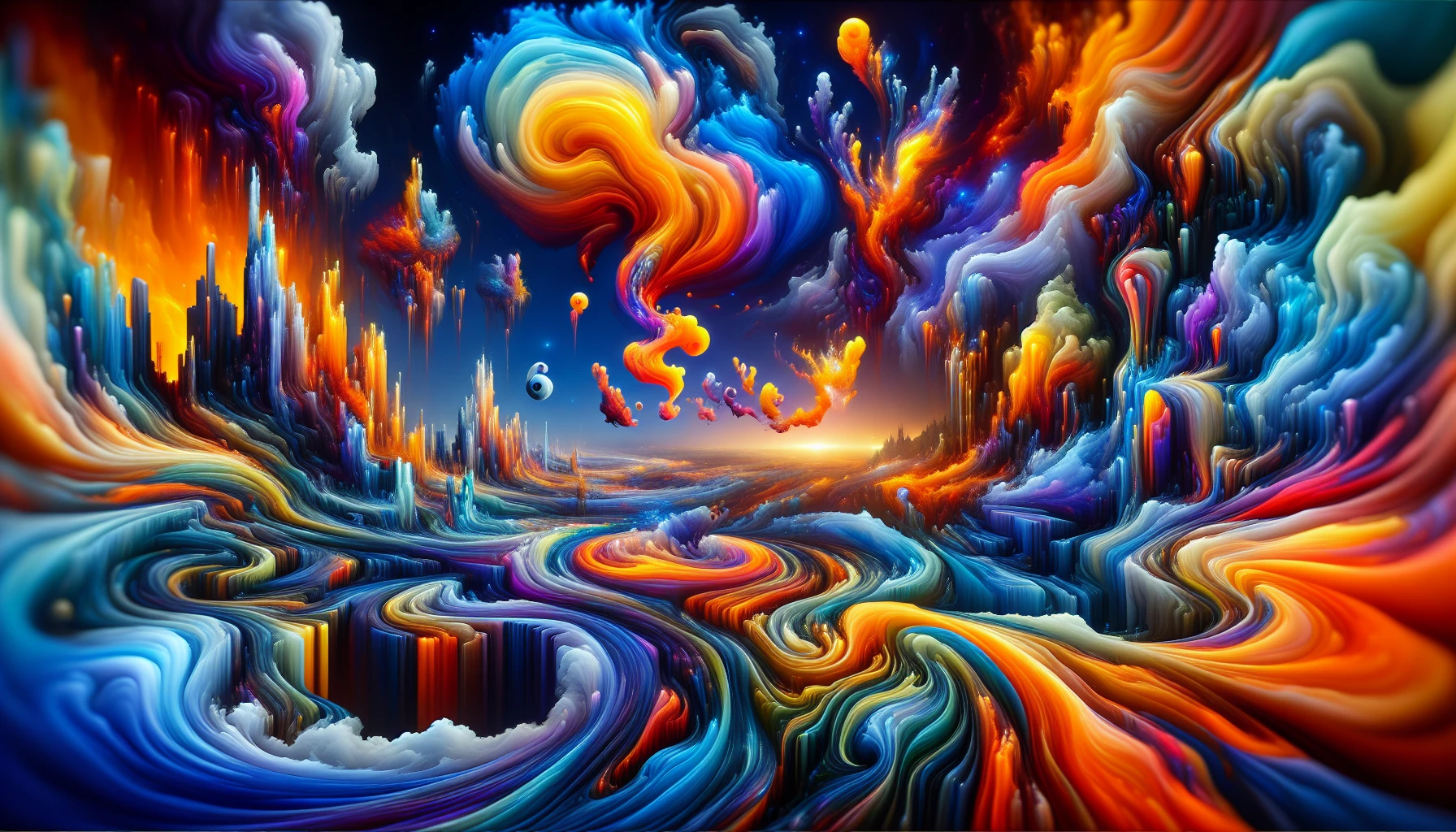 Imagine a world where reality bends and twists through vivid colors and abstract forms. This artwork features a surreal landscape, with exaggerated shapes and fluid textures that defy conventional perception. Wisps of ethereal light swirl around distorted figures, creating an enchanting atmosphere. The palette bursts with electric blues, fiery oranges, and deep purples, inviting viewers into a dreamlike realm where imagination reigns supreme and reality is but a fleeting concept.