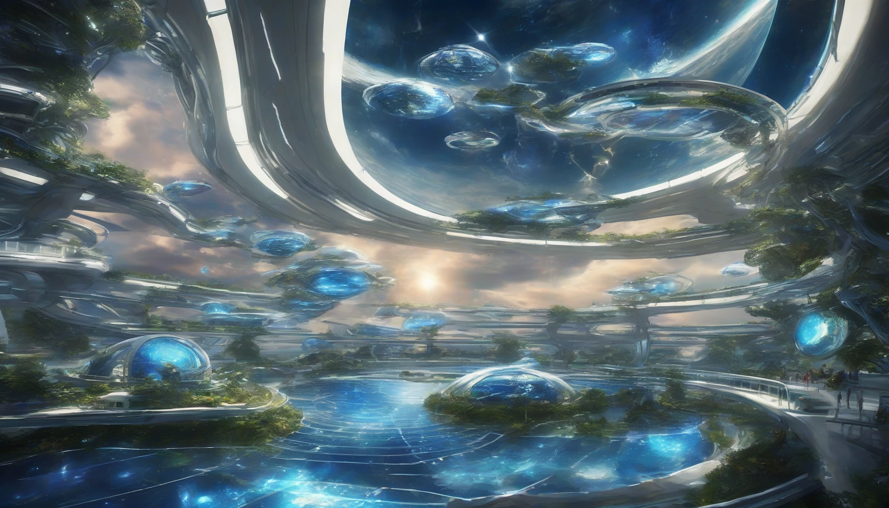 Imagine a breathtaking scene where a futuristic space station gracefully orbits a vibrant blue planet, its swirling clouds reflecting the hues of azure and cerulean. The station, a marvel of engineering, is adorned with solar panels and sleek modules, bathed in soft starlight. Below, the planet’s surface glistens with oceans and lush greenery, creating a stunning contrast against the cosmic backdrop of distant stars and galaxies.