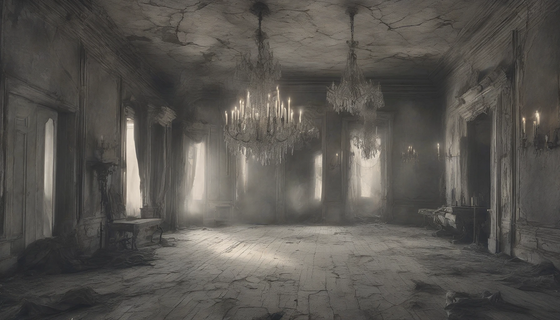 Enter a shadowy, dilapidated mansion where flickering candlelight casts dancing shadows on cracked walls. The air is thick with an eerie stillness, hinting at ghostly presences lurking just out of sight. Ornate, cobweb-draped chandeliers hang overhead, their faint glow illuminating dust motes. Each candle flickers as if whispering secrets of the past, creating an atmosphere both haunting and mesmerizing, inviting viewers into a world of spectral wonder.