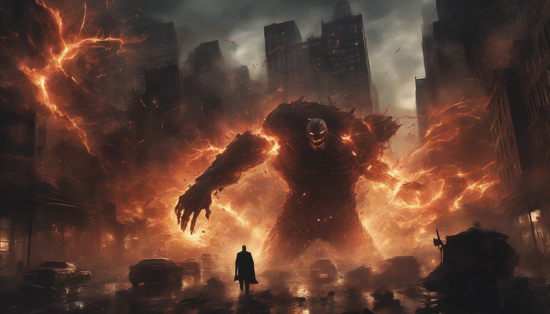 In a darkened cityscape, a formidable villain stands tall, arms outstretched as a devastating shockwave erupts from their hands. The ground trembles, and buildings shatter under the sheer force, while onlookers flee in terror. The villain, shrouded in shadows, wears a menacing grin, their eyes glowing with power. Fiery debris swirls around, illuminating the scene, capturing the essence of chaos unleashed upon a helpless world.