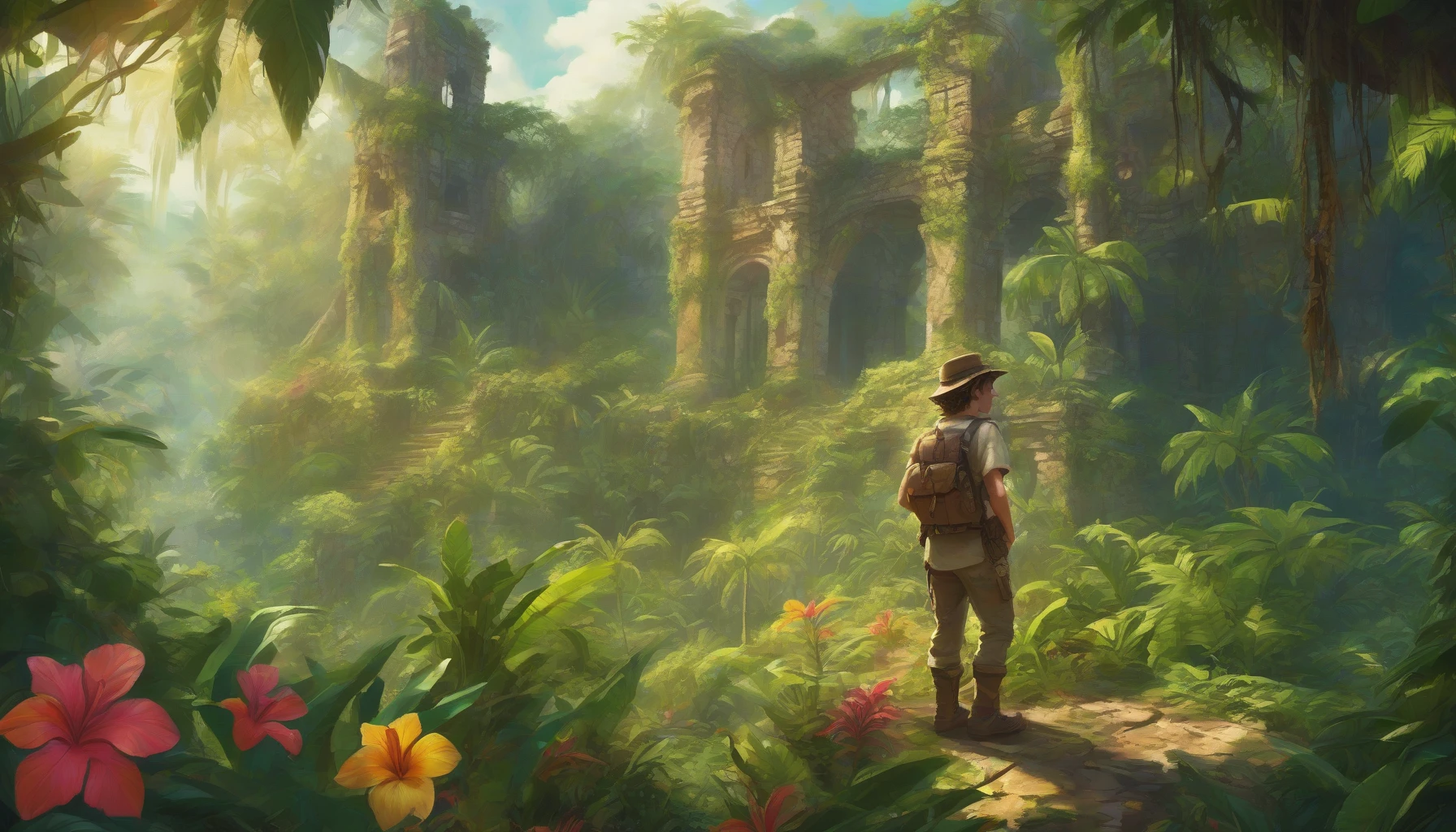 An intrepid adventurer stands at the edge of a lush, vibrant jungle, clutching a weathered treasure map in one hand. Sunlight filters through thick foliage, illuminating patches of rich green earth scattered with colorful tropical flowers. In the background, ancient ruins peek through the dense trees, hinting at the mysteries waiting to be uncovered. The adventurer's determined gaze captures the thrill of discovery, echoing the allure of hidden treasures yet to be found.