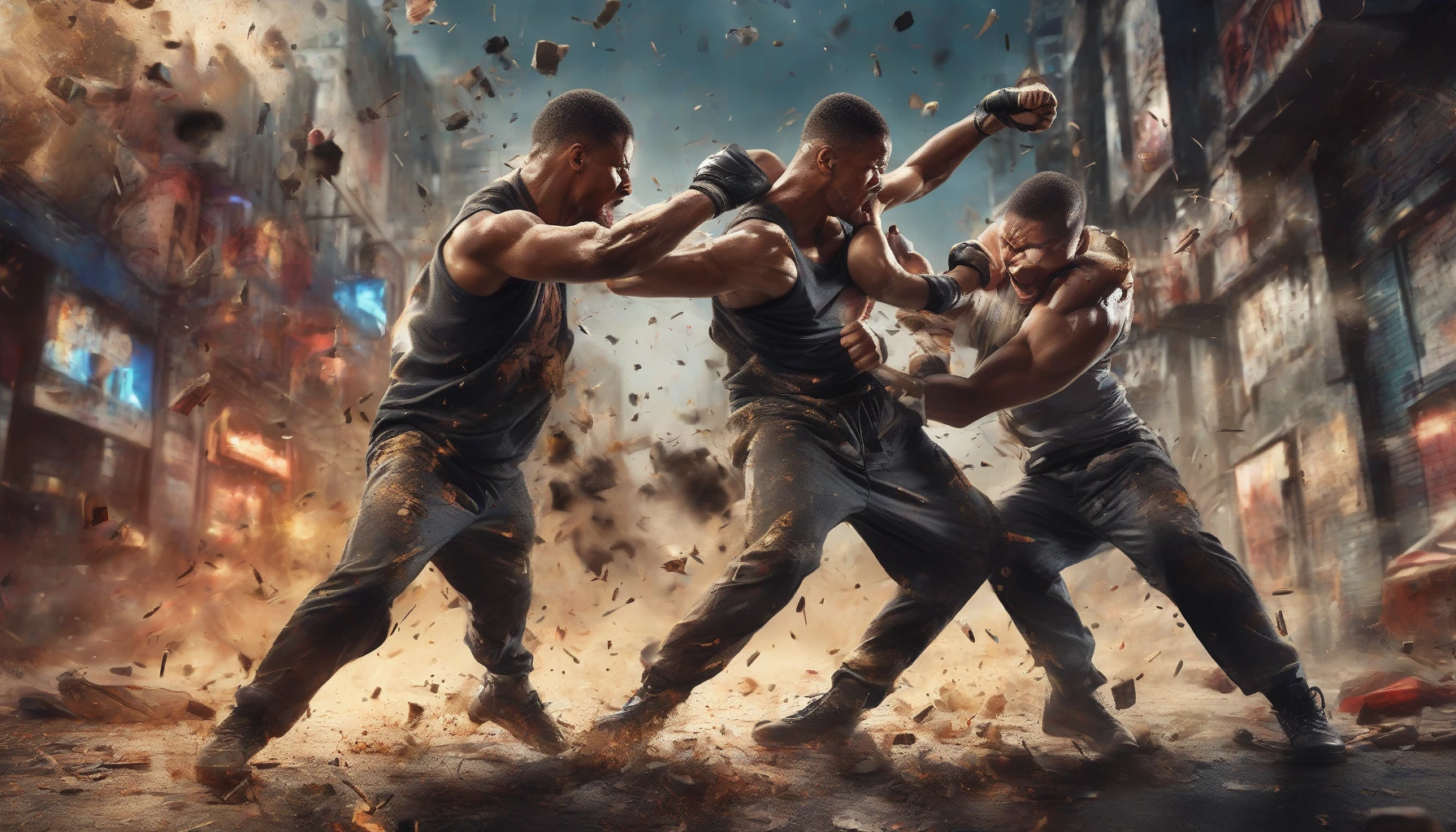 Capture a fierce hand-to-hand combat scene where two skilled fighters clash in a dynamic pose, showcasing explosive energy and intense emotion. The background is a vibrant urban landscape, with debris and scattered objects highlighting the chaos of their battle. Emphasize the fighters' expressions of determination and focus, accentuated by dramatic lighting that casts sharp shadows, adding depth to this electrifying moment.