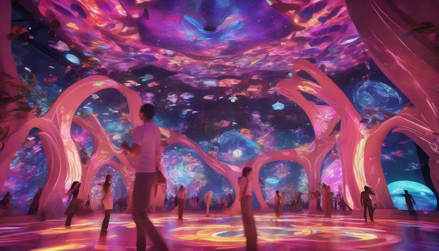 Imagine a vibrant virtual reality hub bustling with life, where colorful avatars interact seamlessly amidst mesmerizing digital projections. The scene features sleek, futuristic architecture with holographic displays illuminating the space. Avatars of diverse designs float and dance, representing a mix of cultures and artistry. In the background, swirling lights and intricate patterns create a surreal atmosphere, inviting viewers to step into a world where imagination knows no bounds.