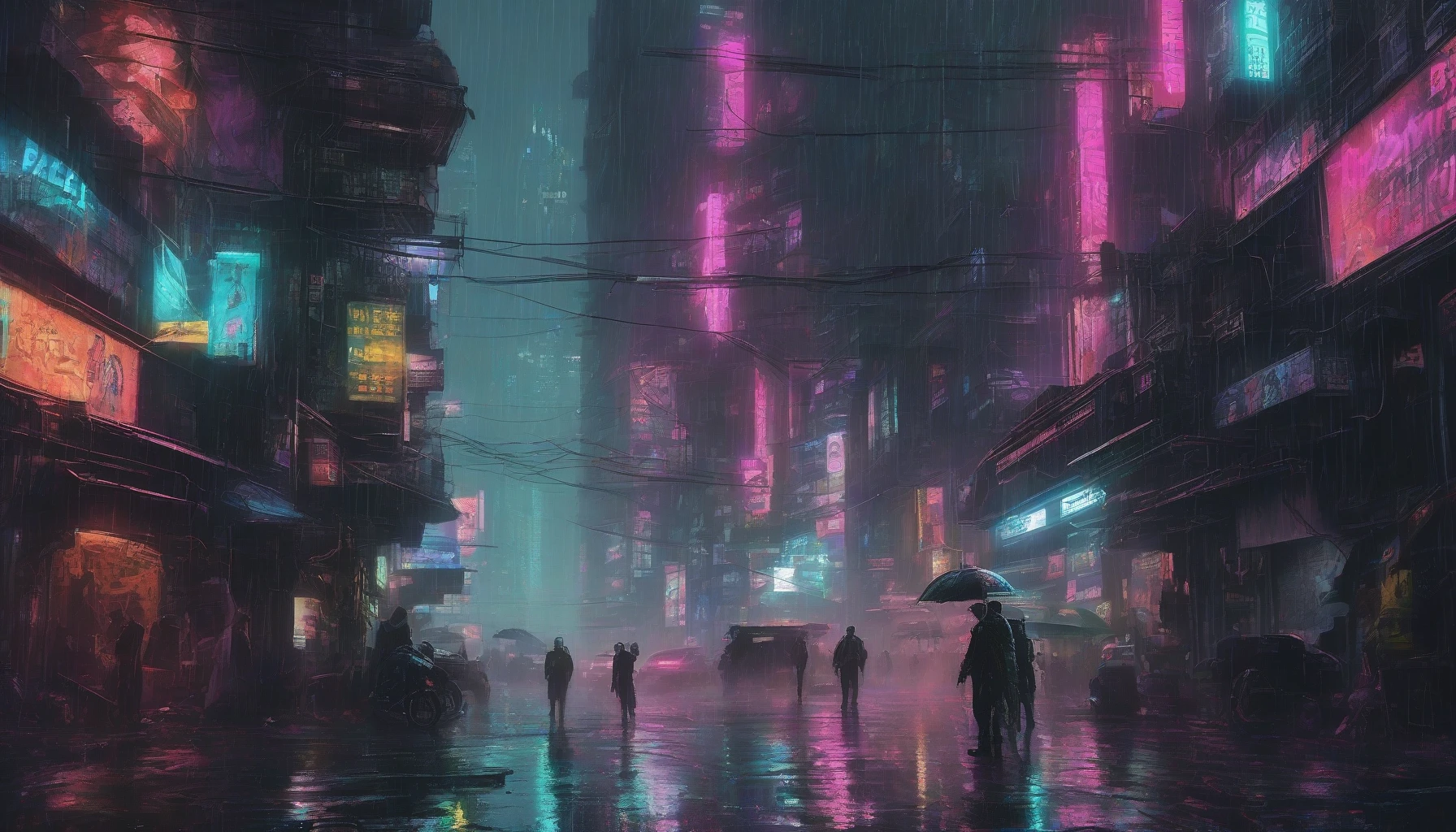 In a sprawling cyberpunk metropolis, where rain-soaked streets glisten under flickering neon lights, a deadly crime syndicate rules from the shadows. Towering skyscrapers loom overhead, their holographic advertisements vying for attention amidst the chaos. Gritty alleyways hide dangerous secrets, while masked figures exchange covert glances. Tension brews as rival factions clash, and the pulse of the city beats in sync with their illicit dealings.