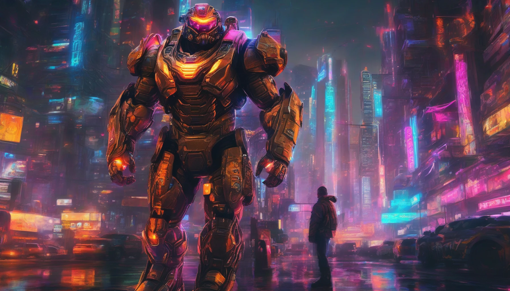 A muscular soldier stands in a vibrant, neon-lit cityscape, clad in advanced power armor that gleams under the ambient glow. The suit, adorned with intricate circuitry and pulsating lights, reflects both strength and technology. His visor reveals a determined gaze, set against a backdrop of towering skyscrapers and flying vehicles. The atmosphere is electric, filled with the hum of drones and distant explosions, hinting at an impending battle.