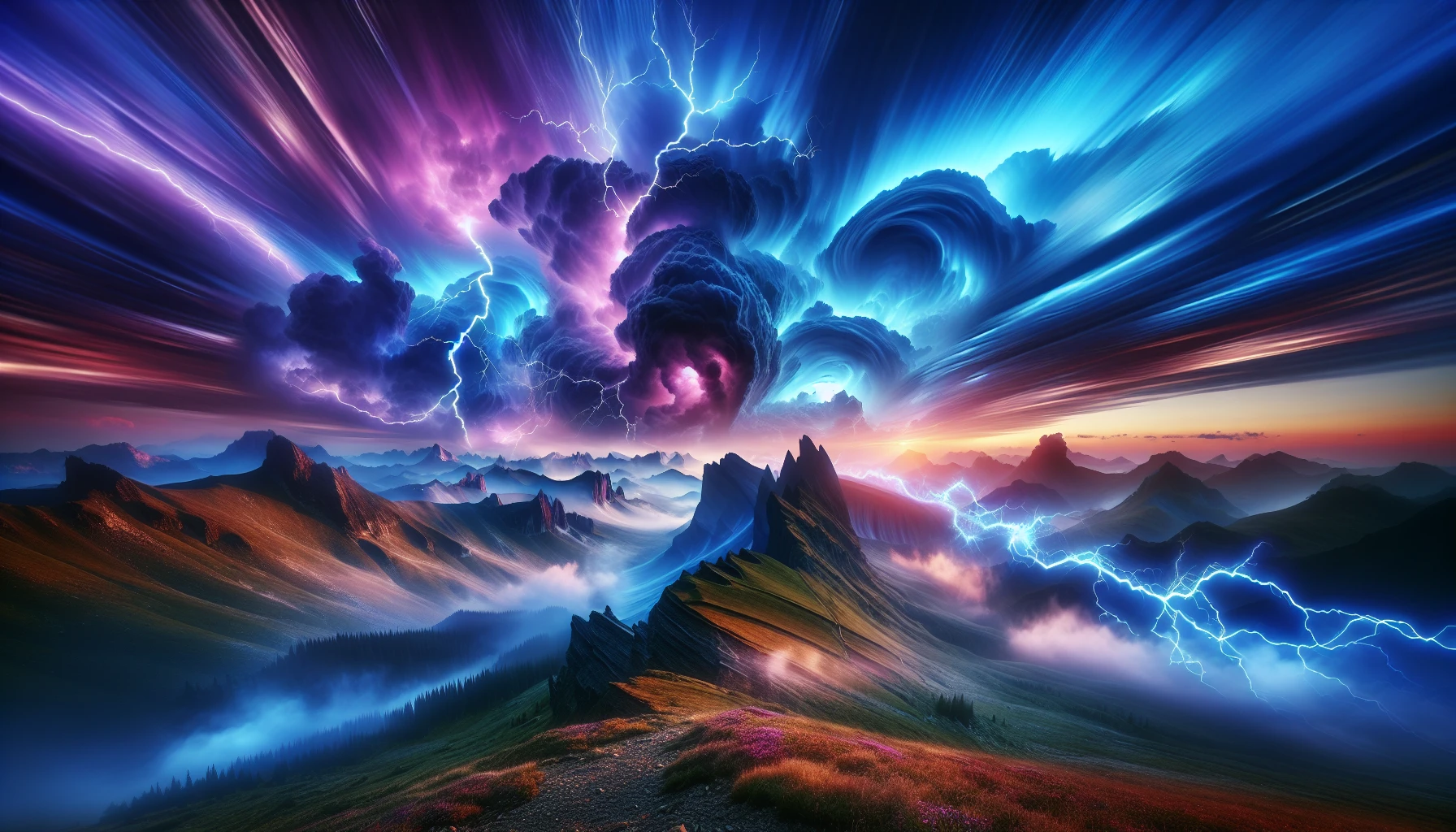 A breathtaking scene unfolds as vibrant, swirling storm clouds crackle with intense energy, illuminating the darkened sky with electric blues and purples. Lightning forks dramatically through the air, casting shadows on the rugged landscape below, where jagged mountains stand resolute against the tempest. The atmosphere is charged with anticipation, as thunder rumbles in the distance, making the viewer feel the raw power and beauty of nature's spectacle.