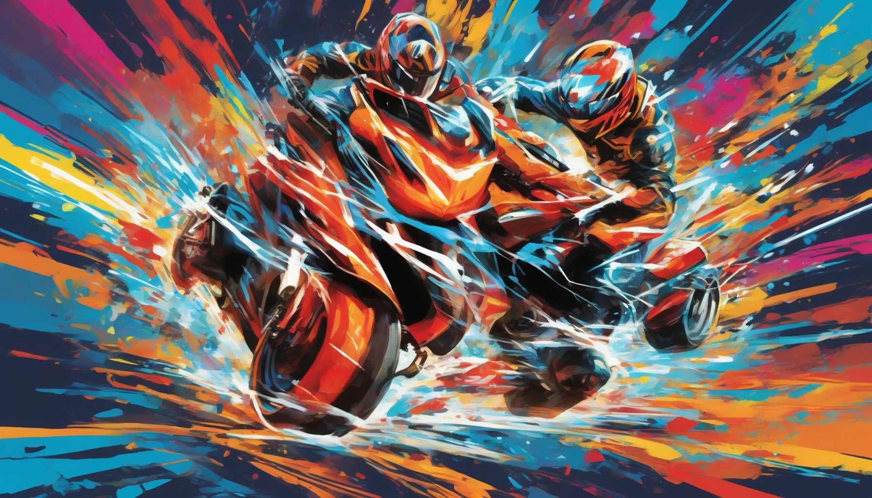 Create an electrifying scene that captures the essence of high-speed action, featuring stylized characters in mid-motion, surrounded by vibrant speed lines. The background should blur dramatically, enhancing the sensation of rapid movement. Use a palette of vivid colors to convey energy, and ensure that the characters' expressions reflect determination and adrenaline. This artwork will embody the thrill of dynamic storytelling through visual art.