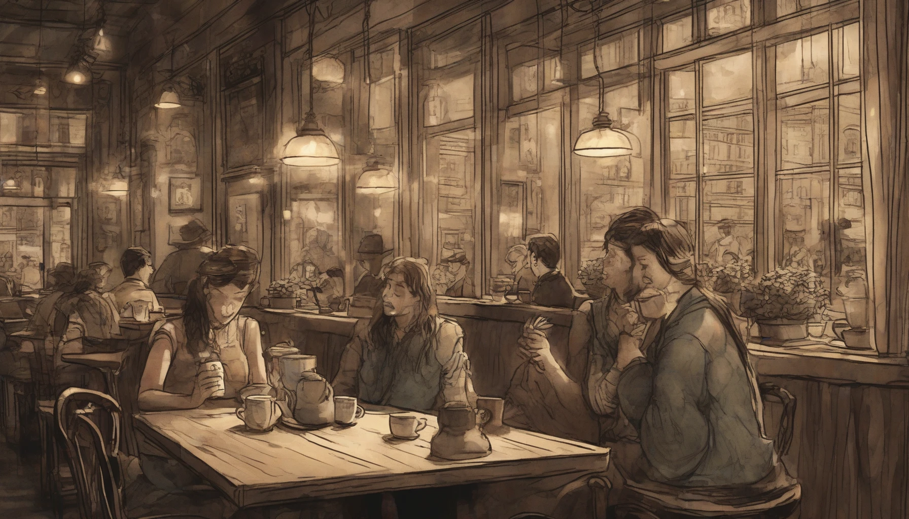 Envision a cozy café, dimly lit and filled with vintage decor. In the center, a nervous individual sits clutching a steaming cup, eyes locked on a friend across the table. The air is thick with unspoken words. Around them, patrons pause, intrigued by the palpable tension and warmth. Soft light cascades through the window, illuminating their hopeful expressions as a heartfelt confession unfolds, entwined with the aroma of fresh pastries and coffee.