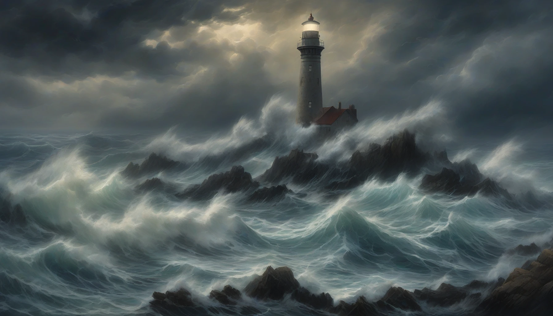 A tumultuous ocean churns under dark, swirling clouds, waves crashing violently against jagged rocks. In the far distance, a lighthouse stands defiantly, its beam of light slicing through the storm, guiding lost souls to safety. The sky is a dramatic canvas of grays and deep blues, while hints of sunset peep through, casting an ethereal glow onto the frothy seas. The atmosphere is charged with both chaos and hope.