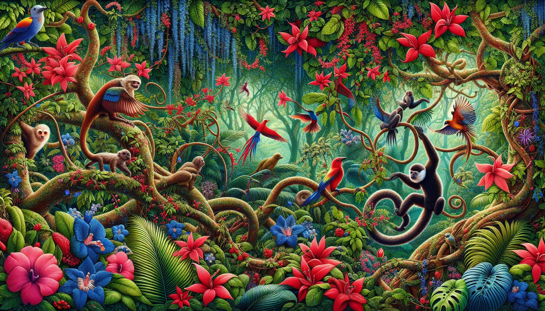 Create an enchanting scene that depicts a vibrant jungle bursting with life, where flora and fauna coexist in a stunning, symbiotic dance. Vivid flowers in shades of crimson and sapphire intertwine with lush green vines, while exotic birds with iridescent feathers flit gracefully among the branches. A playful monkey swings overhead, and a lazy sloth hangs nearby, embodying the essence of nature's intricate balance and beauty.