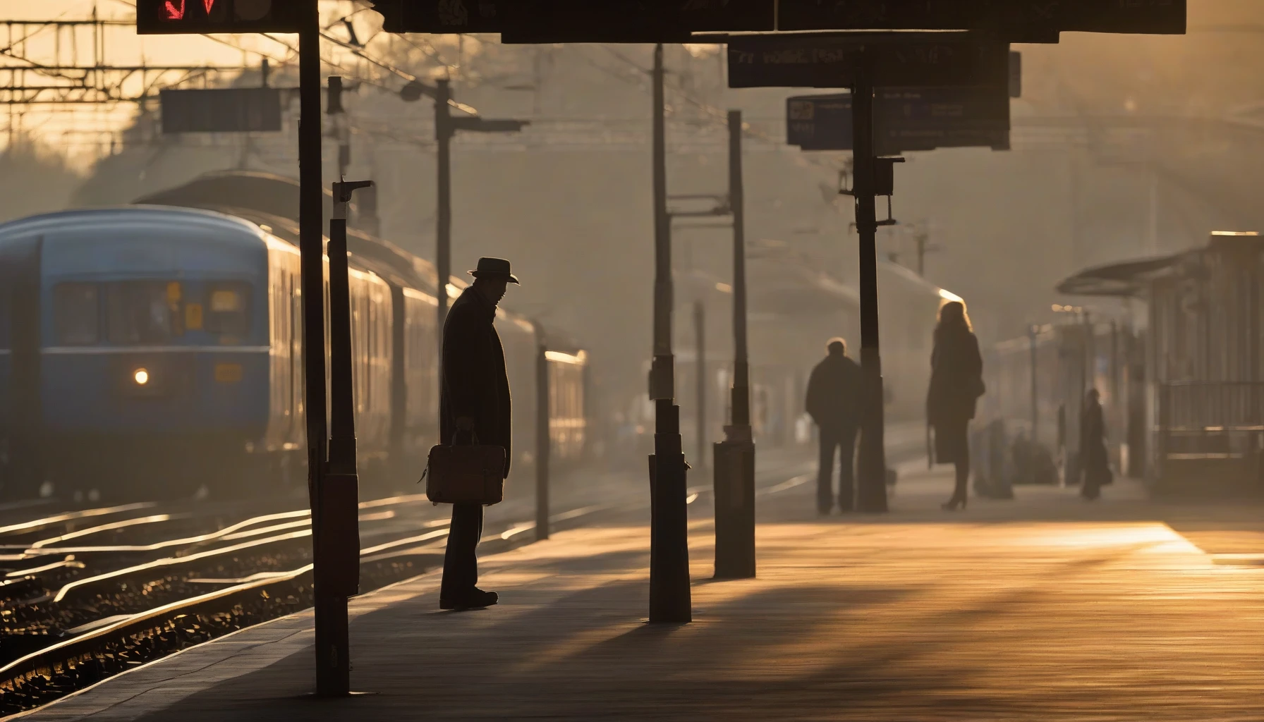 Capture a poignant scene at a train station as twilight descends, casting long shadows and a soft, golden glow. A solitary figure stands on the platform, suitcase in hand, gazing wistfully at the departing train. The air is thick with emotion, as blurred memories dance in the steam rising from the tracks. Nearby, a couple shares a bittersweet embrace, their faces illuminated by the fading light, reflecting the heartache of goodbyes.