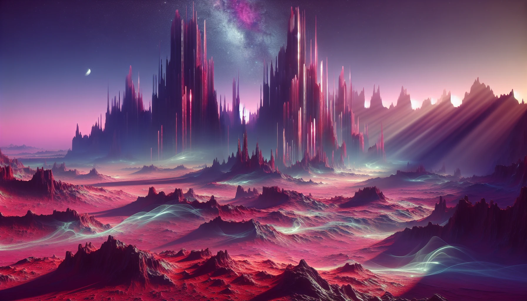 In this otherworldly landscape, deep crimson sand stretches endlessly under a stark, violet sky. Jagged formations tower like ancient ruins, their surfaces glistening with iridescent minerals. Ethereal light dances across the terrain, casting surreal shadows that hint at unknown life forms lurking nearby. Wisps of fog drift through the air, creating an atmosphere of eerie mystery, inviting exploration of this desolate yet strikingly beautiful alien realm.