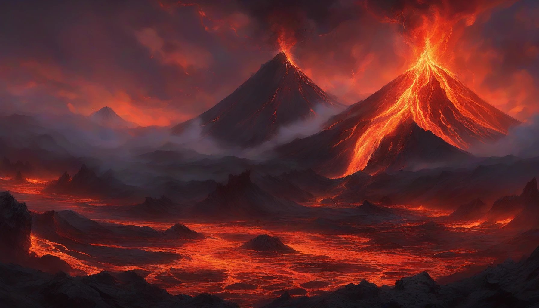 Imagine a scene where a vibrant, molten lava cascade erupts from the mouth of a towering volcano, glowing fiercely against the twilight sky. The hot orange and red hues of the lava contrast sharply with the dark, rugged landscape surrounding it. Wisps of smoke and ash spiral into the air, while glowing embers scatter like stars, creating a breathtaking display of nature’s raw power and beauty.