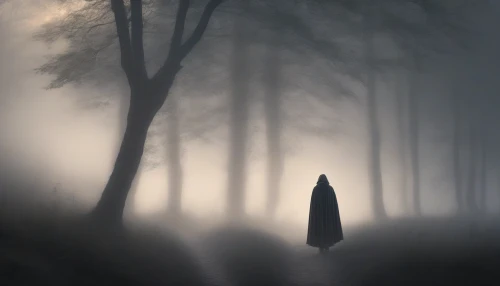 Capture the essence of a solitary traveler, clad in a weathered cloak, standing at the edge of a misty forest. The soft glow of twilight casts long shadows, revealing a path that leads to hidden secrets. Around them, ethereal wisps of light dance in the air, hinting at a mysterious past. With a distant mountain silhouette in the background, the atmosphere is thick with adventure and intrigue.