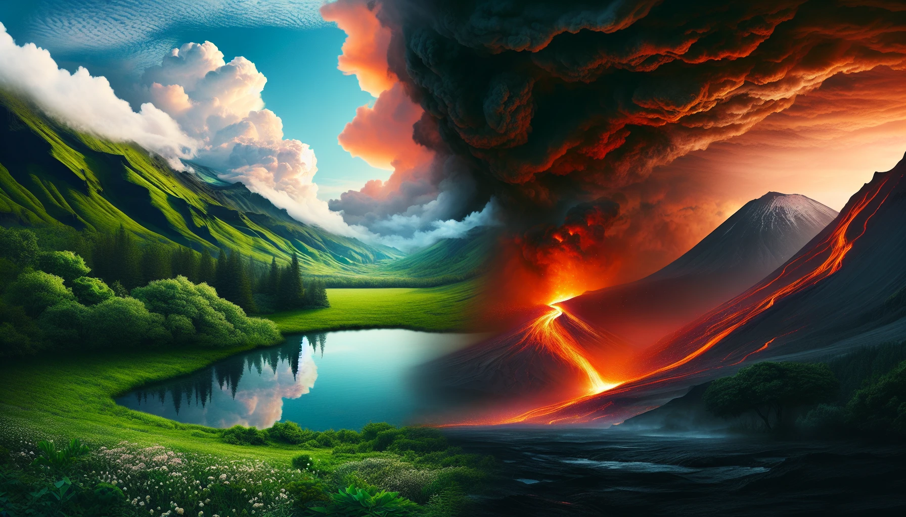 Imagine a striking landscape where vibrant colors clash, creating an electric atmosphere. On one side, a serene, lush green valley with calm waters reflects the peaceful sky, while the other erupts in fiery oranges and deep reds, depicting a tumultuous volcanic eruption. Wispy clouds swirl dramatically, intertwining the two realms, illustrating the delicate balance between tranquility and chaos, inviting viewers to explore this captivating dichotomy.