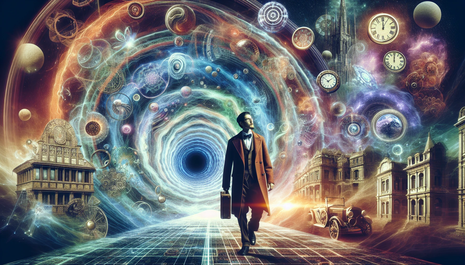 Envision a swirling vortex of vibrant colors, where the past, present, and future collide. In the foreground, a lone traveler clad in a retro-futuristic outfit steps through an archway of shimmering light, surrounded by iconic moments from history and the possibilities of tomorrow. Ancient ruins intertwine with futuristic cityscapes, as ethereal clock faces float in the air, marking the endless journey through time.