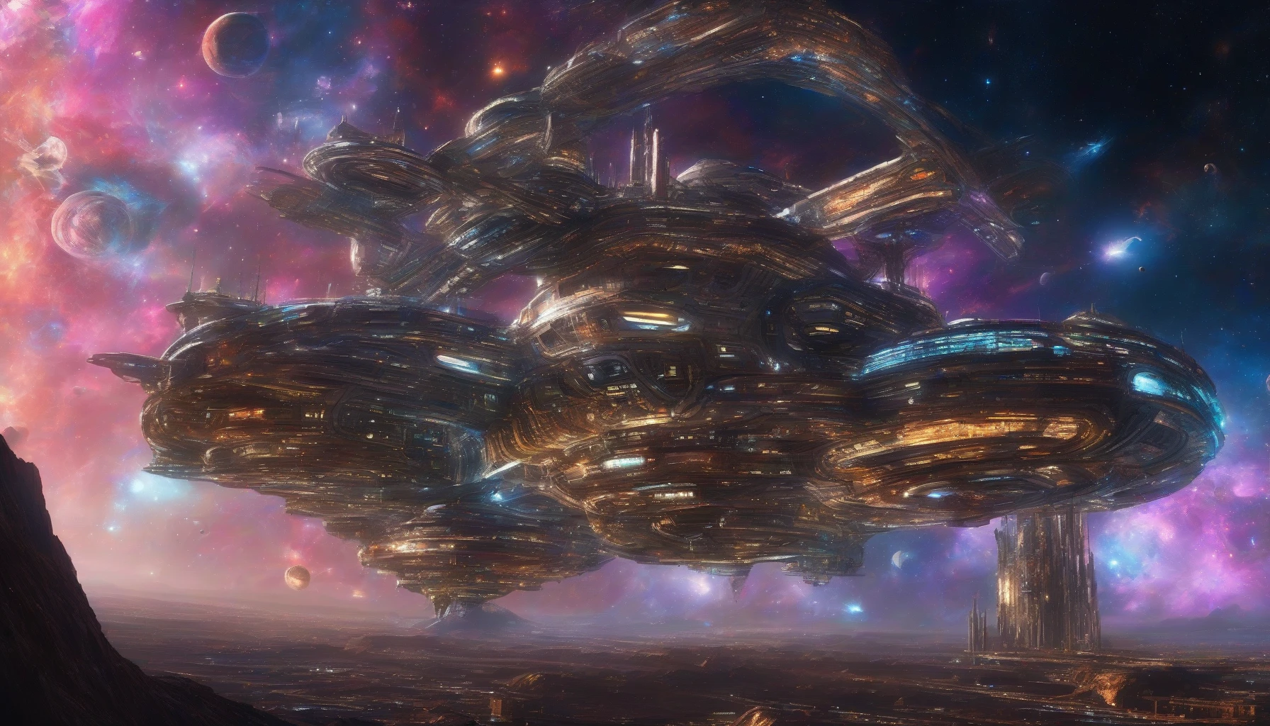 A colossal space station hovers against the backdrop of a vibrant nebula, its intricate architecture glimmering with countless lights. A sleek, futuristic spaceship is snugly docked, its metallic surface reflecting the cosmic grandeur. In the distance, swirling galaxies and distant stars create an awe-inspiring vista, while the station’s bustling activity hints at life within the vastness of space, blending technology and wonder seamlessly.