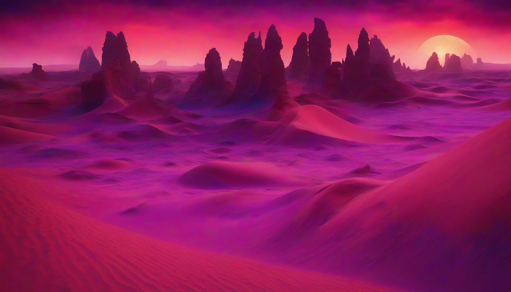 Picture an otherworldly landscape, where rolling dunes of crimson sand stretch endlessly under a swirling sky of violet and indigo. Towering stone formations, resembling ancient ruins, jut out from the ground, their surfaces glimmering with iridescent minerals. In the distance, a crimson sun casts an eerie glow, illuminating the alien flora that dances in the shifting winds, creating a mesmerizing harmony of colors and textures.