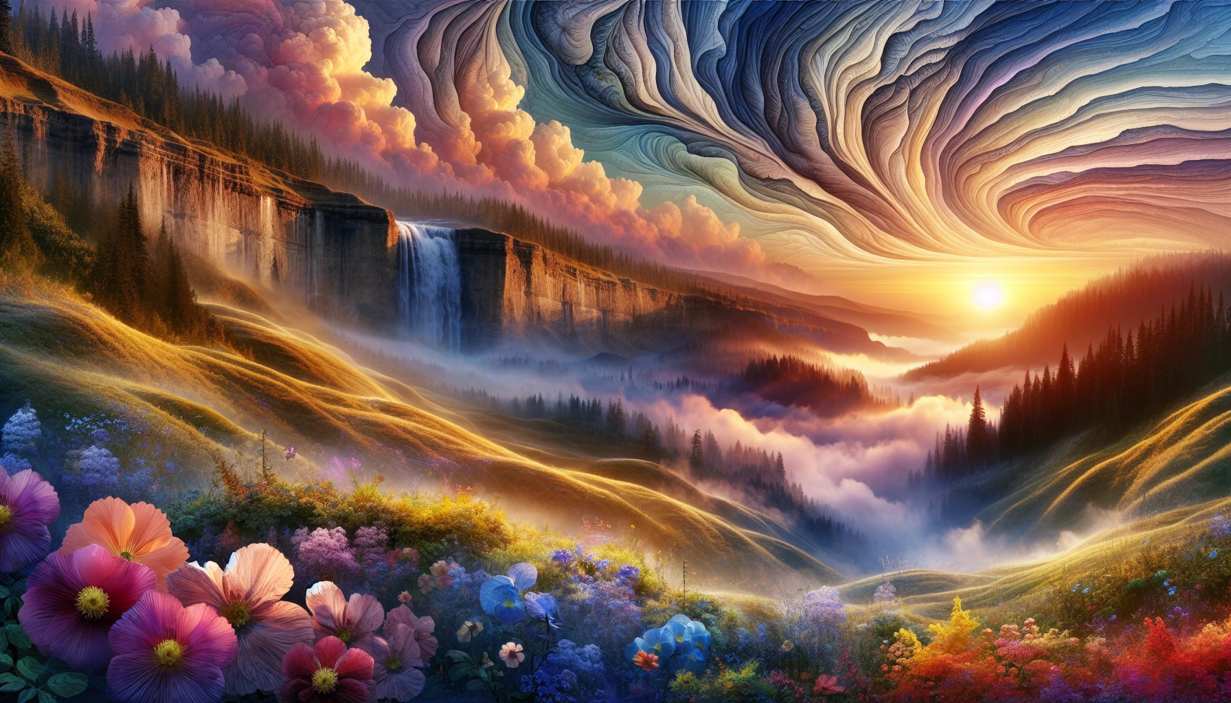 Imagine a breathtaking scene where rolling hills meet a cascading waterfall, bathed in the golden light of dawn. The foreground features vibrant wildflowers swaying gently in the breeze, while the rich, textured sky transitions from soft pinks to deep blues. Mist rises from the valley below, creating an aura of mystery, as distant mountains loom majestically. This harmonious blend of nature's elements invites the viewer into a serene, dreamlike world.