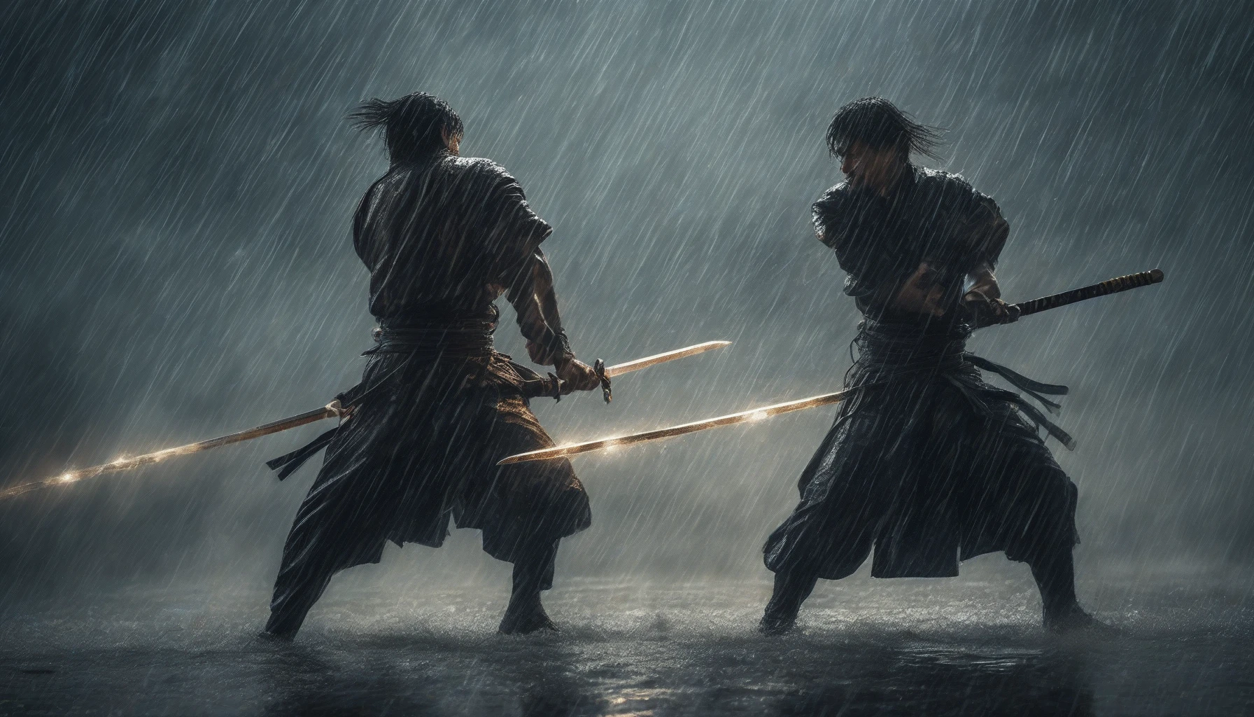 In a tumultuous downpour, two skilled swordsmen face each other, their blades glinting menacingly beneath flashes of lightning. The rain cascades around them, mixing with the sweat and determination etched on their faces. Each strike sends droplets flying, creating a symphony of clashes and splashes as the battlefield buzzes with tension. The dark clouds above mirror the intensity of their duel, charging the air with electric anticipation.