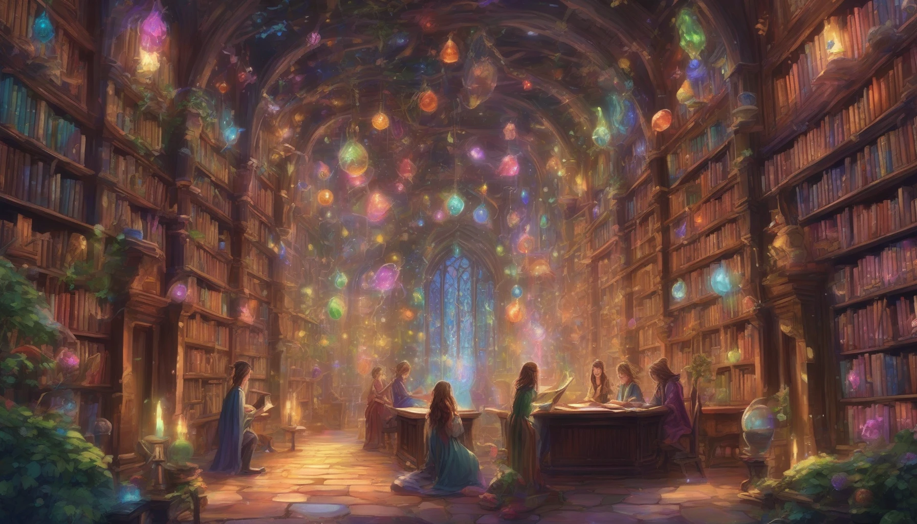 A whimsical scene unfolds within the enchanting halls of a magical academy where young wizards practice their craft. Towering bookshelves overflow with ancient tomes, while shimmering orbs of light float effortlessly above. Students, clad in vibrant robes, conjure spells amidst colorful potions bubbling in glass vials. Outside, an ethereal garden blooms with mythical creatures, inviting the viewer into a world where imagination knows no bounds.