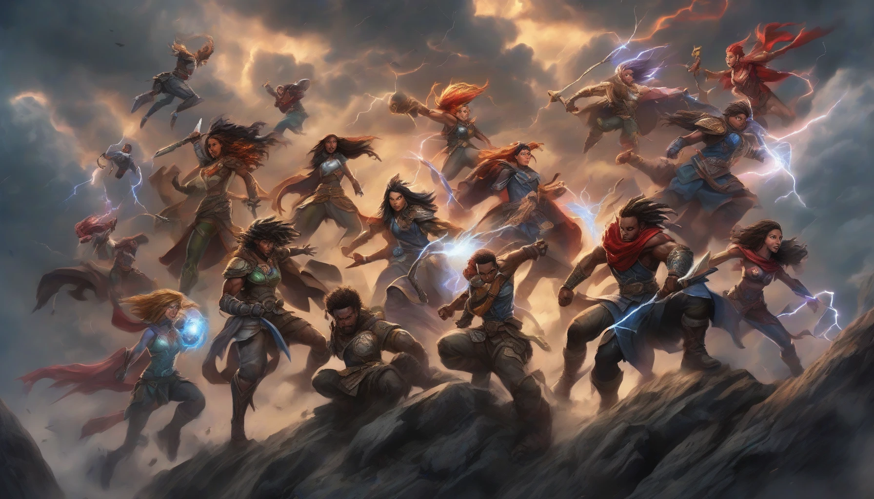 A diverse team of heroes stands united on a craggy cliff, each one embodying unique powers and traits. They strike dynamic poses, showcasing their strength and determination. The sky is dramatic, swirling with dark clouds and flashes of lightning, while the terrain beneath them hints at a fierce battle ahead. Their expressions reflect courage and unity, ready to face any challenge that lies ahead.