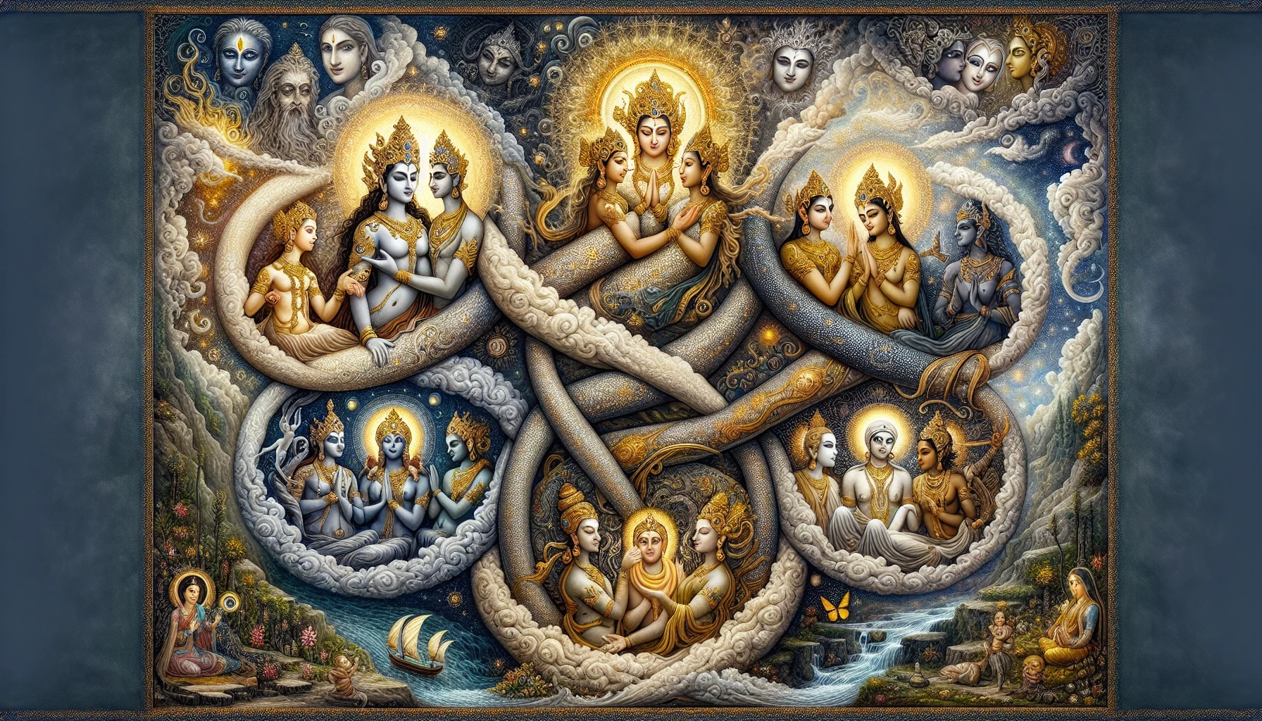 Imagine a vibrant scene where intertwining figures of various deities embody the essence of unity. Surrounded by swirling clouds of gold and silver, radiant halos illuminate their faces, while intricate patterns of nature—flowers, stars, and flowing water—merge into the background. This exquisite tapestry of religious imagery conveys a sense of peace and connection, inviting viewers to contemplate the profound beauty of spirituality across cultures.