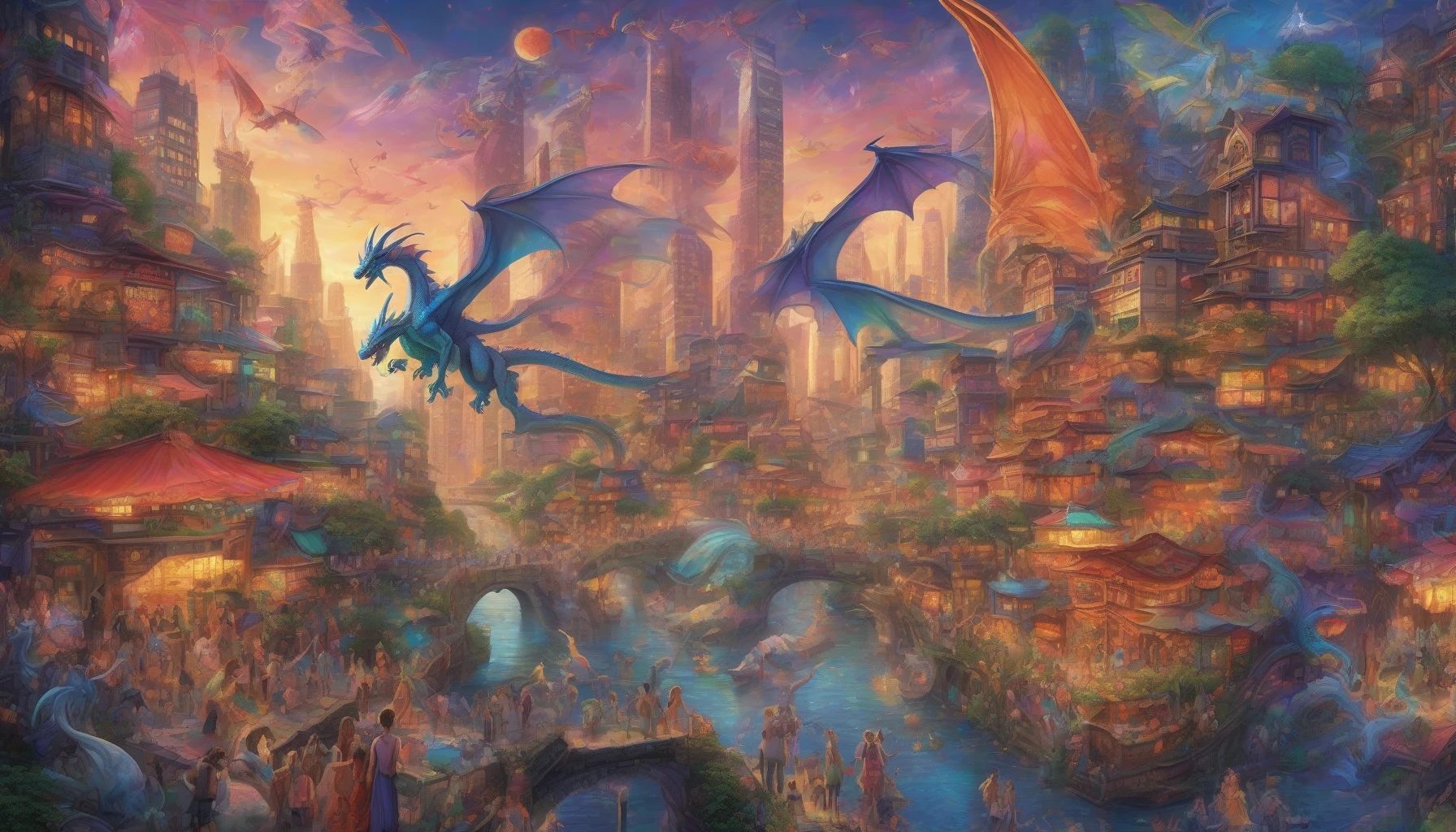 Envision a bustling cityscape where mythical creatures seamlessly blend into everyday life. Majestic dragons soar above skyscrapers, their iridescent scales catching the sunlight, while elves casually stroll through vibrant parks, engaging in animated conversations with humans. Fairies flit around neon lights, casting shimmering trails, while centaurs manage local markets. This harmonious coexistence creates a vivid tapestry of culture and magic woven into modern society, where fantasy and reality collide beautifully.