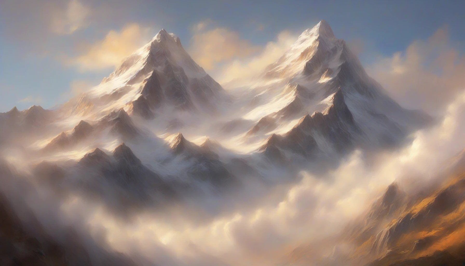 A majestic mountain peak rises dramatically, piercing through a thick blanket of fluffy white clouds. The sun bathes the scene in warm golden light, casting long shadows and illuminating the rugged textures of the rock face. Wisps of mist swirl around the summit, while the distant horizon glows with soft pastels, creating a serene, dreamlike atmosphere that invites exploration and wonder.