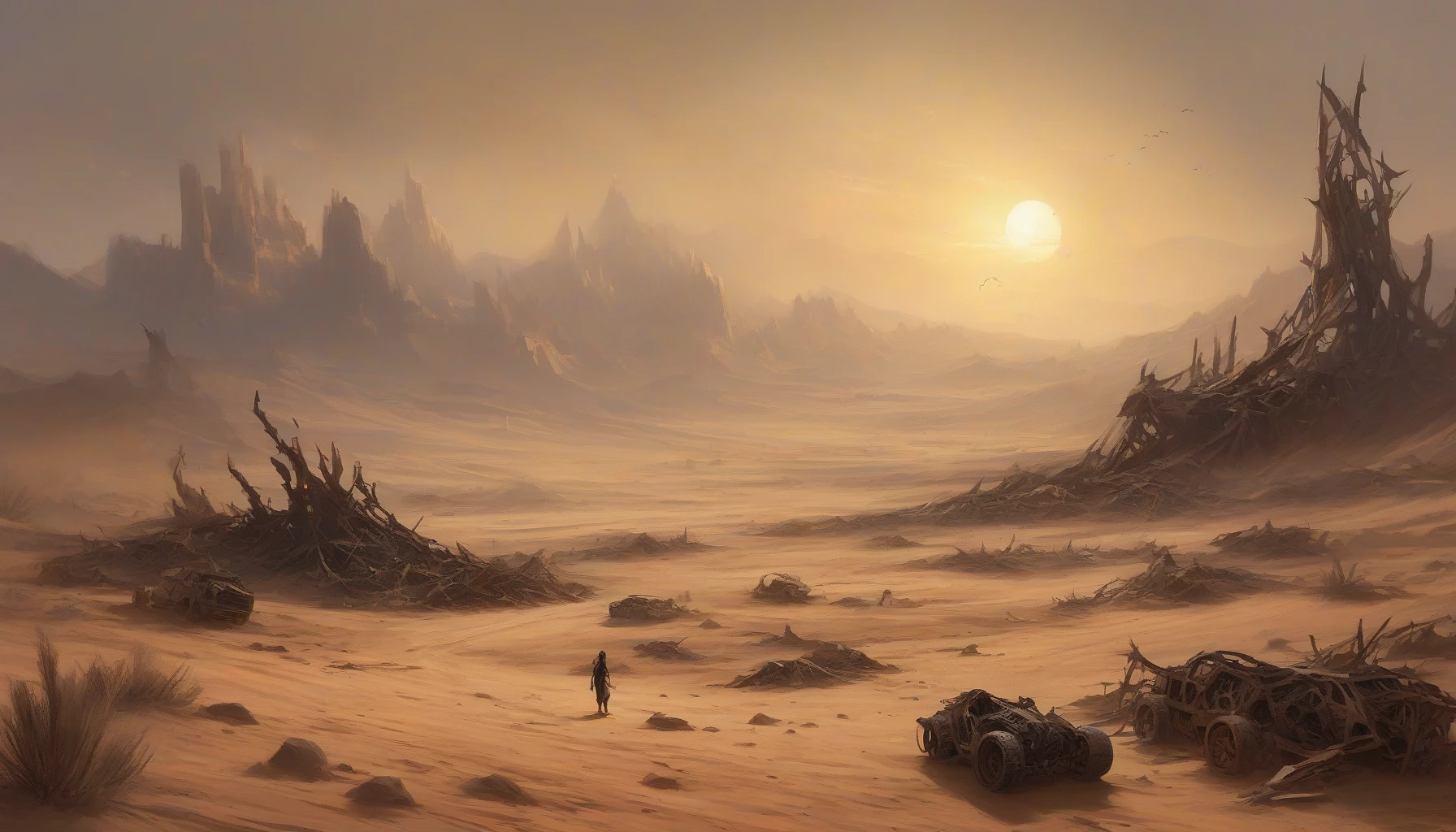 A haunting landscape unfolds, showcasing a war-torn desert under a blazing sun. Jagged mountains loom in the background, while the foreground is littered with the skeletal remains of twisted metal and charred wreckage. Flickers of fire dance amidst the sands, casting eerie shadows, and the air is thick with the acrid scent of smoke. This scene evokes a sense of loss and resilience in a barren, unforgiving world.