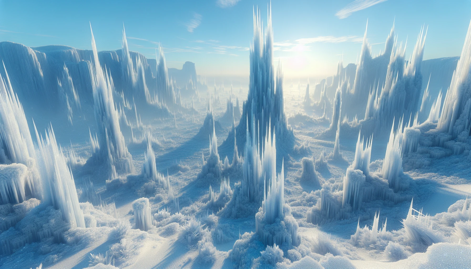 In a breathtaking expanse of icy desolation, towering ice spires rise dramatically against a pale blue sky, their jagged edges glistening in the sunlight. The ground is covered in a thick layer of shimmering snow, dotted with patches of crystalline frost that catch the light like diamonds. Ethereal wisps of mist curl around the spires, while the distant echoes of nature add a haunting beauty to this frozen wilderness.