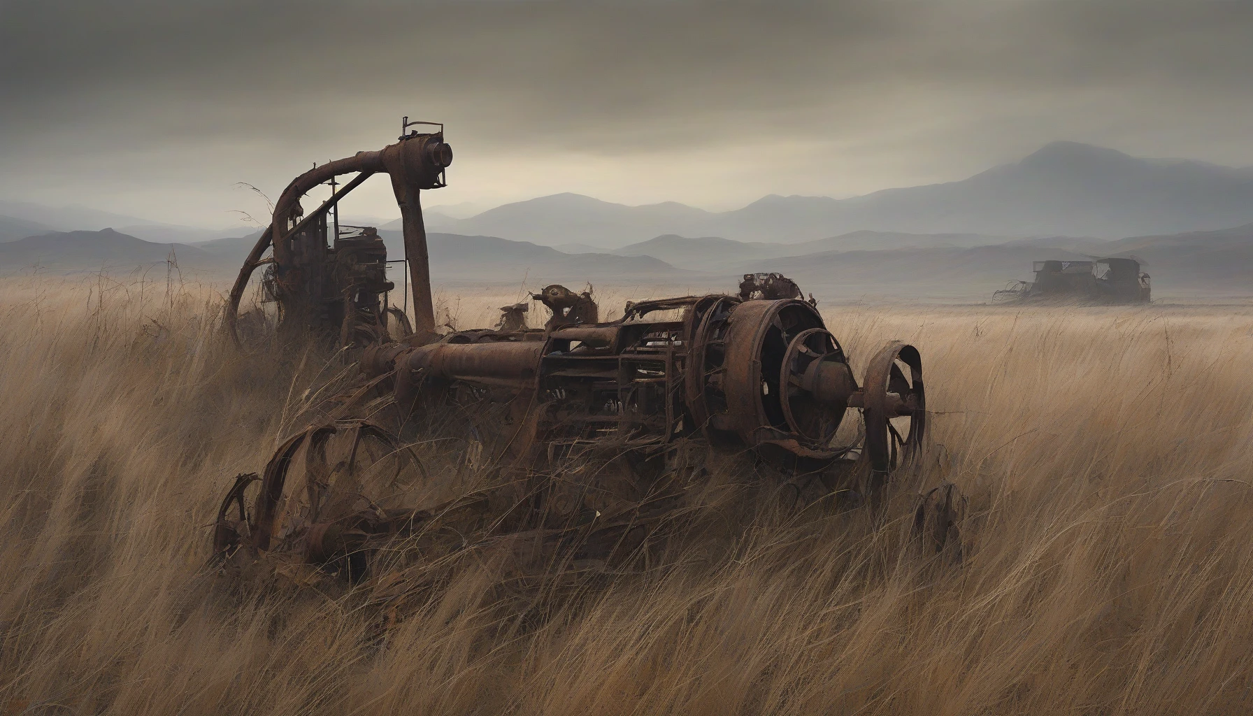 In a stark landscape where the remnants of machinery lie scattered like forgotten relics, rusted metal and crumbling concrete tell stories of a once-thriving civilization. Tall, brittle grasses sway in the breeze, contrasting with the sharp angles of decaying technology, while a muted sky looms overhead. Distant mountains fade into the horizon, shrouded in a haunting mist, evoking a profound sense of loss and nostalgia for what once was.