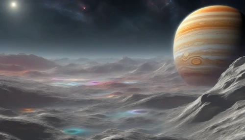 Imagine standing on the icy surface of one of Saturn's moons, gazing up at the majestic ringed gas giant that dominates the sky. The vibrant bands of color swirl around the planet, casting a kaleidoscope of light upon the moon's rugged terrain. Distant stars twinkle overhead, while ethereal gases dance in the atmosphere, creating a breathtaking sight that encapsulates the beauty and mystery of the cosmos.