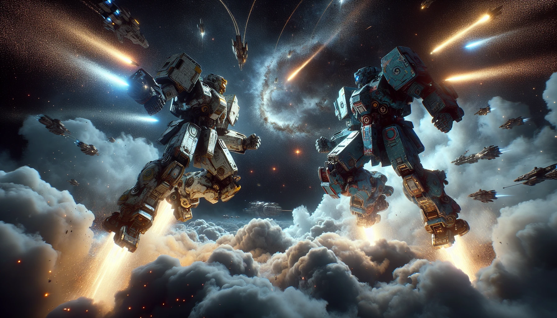 In the vastness of outer space, two formidable mecha pilots engage in a breathtaking battle amidst swirling nebulae and distant stars. Their towering machines, adorned with vibrant armor and glowing energy shields, clash with thunderous roars, sending sparks flying. The pilots, determined and fearless, maneuver skillfully through the void, dodging laser blasts and unleashing powerful strikes, while their ships leave trails of luminous light against the dark expanse.