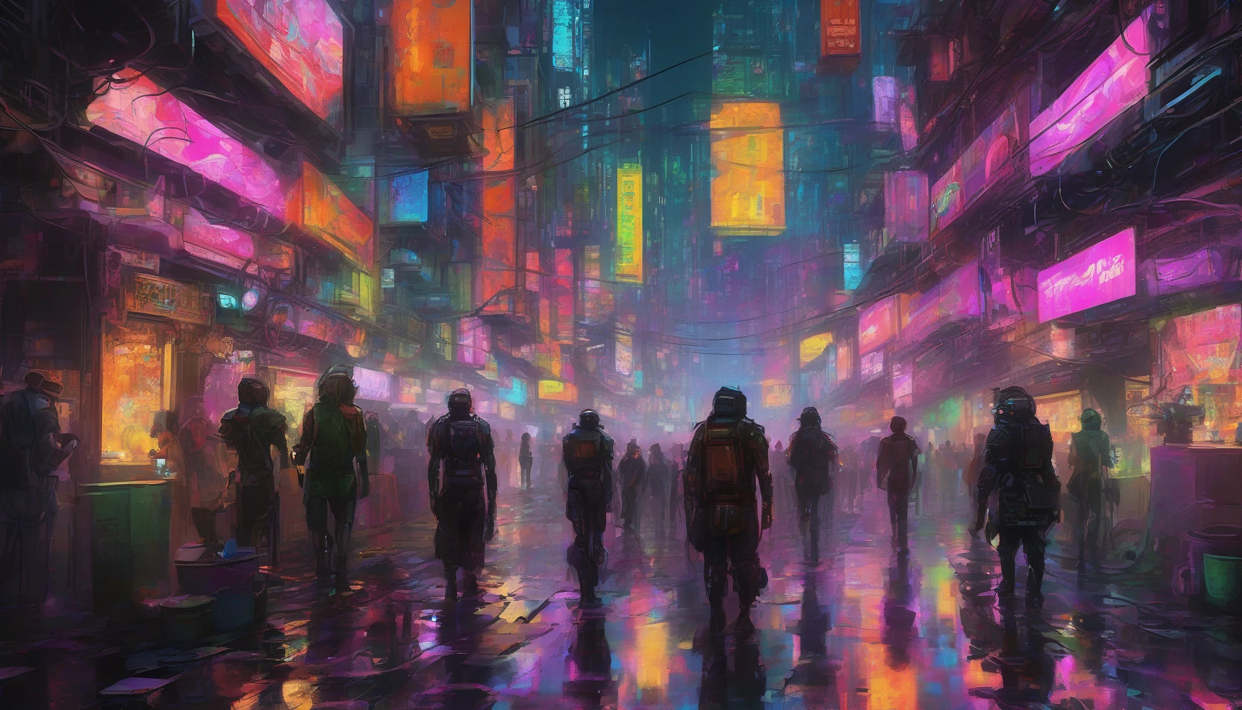 Immerse yourself in a bustling cyberpunk alley, where towering skyscrapers are adorned with vibrant neon signs casting a kaleidoscope of colors onto the wet pavement. Robots scuttle between stalls, their luminescent eyes illuminating the shadows. Steam rises from grates, creating an ethereal atmosphere, while figures in futuristic attire navigate the chaos. The air buzzes with a mix of technology and life, embodying the essence of a high-tech metropolis.