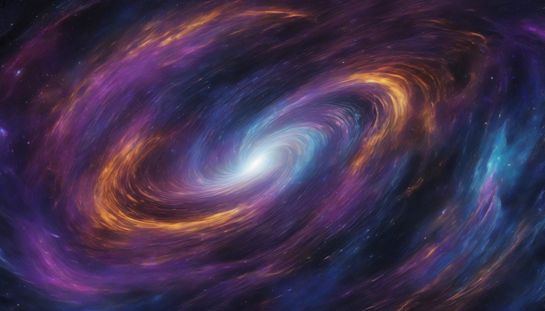 Envision a colossal black hole at the center of the image, its event horizon glowing with an eerie bluish light. Surrounding it, the fabric of space-time warps dramatically, twisting stars and galaxies into surreal, elongated shapes. A cascade of colors—deep purples, vibrant blues, and shimmering silvers—create a mesmerizing backdrop, accentuating the immense gravitational pull and the sheer majesty of the cosmos caught in its grip.