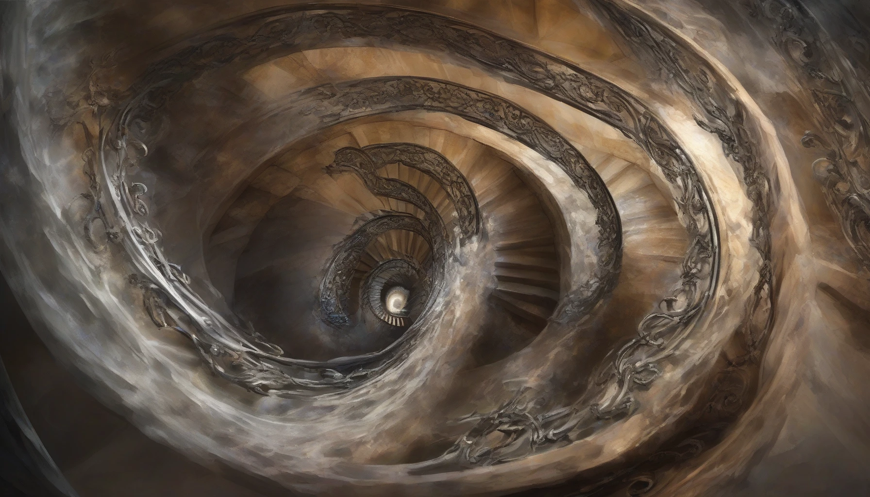 Imagine an infinite spiral staircase, elegantly twisting into a swirling void, where each step seems to dissolve into nothingness. The walls glisten with ethereal light, reflecting myriad colors that dance around, inviting curiosity. Shadows play tricks on the mind as you gaze upwards, the spiral continuing endlessly, leading to a celestial entrance above. Below, a misty abyss beckons, creating an overwhelming sense of awe and wonder.