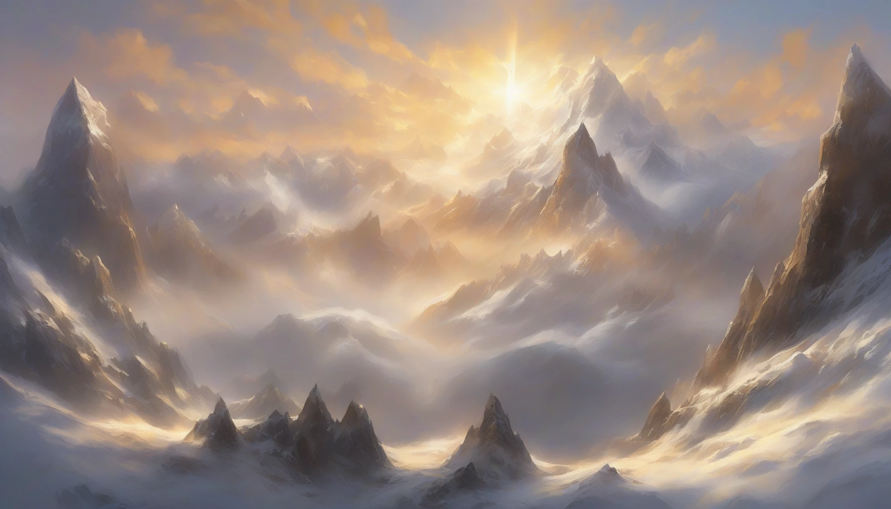 Imagine a breathtaking mountain peak piercing through a sea of fluffy, white clouds, bathed in the golden hues of a sunrise. The towering, jagged rocks glisten with dew, while the sun illuminates the snow-capped summit, creating a halo effect. Wisps of mist weave around the base of the mountain, enhancing the ethereal atmosphere, inviting adventurers to embark on a journey into the heavens.