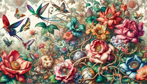 Imagine a vibrant scene where flora and fauna intertwine seamlessly. Lush, oversized blossoms burst with color, their petals adorned with intricate patterns. Amidst this floral tapestry, delicate creatures like butterflies and hummingbirds flit about, their iridescent wings shimmering in the sunlight. Vines twist and curl around tree trunks, while playful squirrels dart through branches, creating a lively atmosphere of harmony and beauty, inviting the viewer into a magical world.