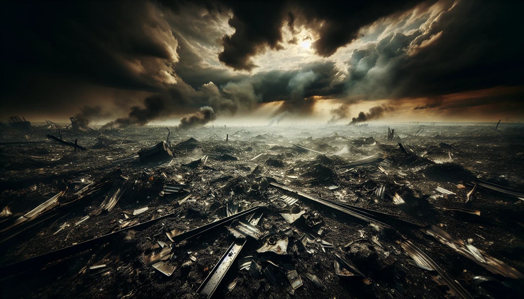 A haunting landscape where charred earth meets scattered debris from a recent explosion. Jagged fragments of metal and fragments of shattered glass glint in the harsh sunlight, surrounded by smoldering blackened soil. The air is thick with the scent of soot and ash, while distant smoke columns rise ominously towards a turbulent sky, evoking a sense of desolation and the remnants of chaos that once was.