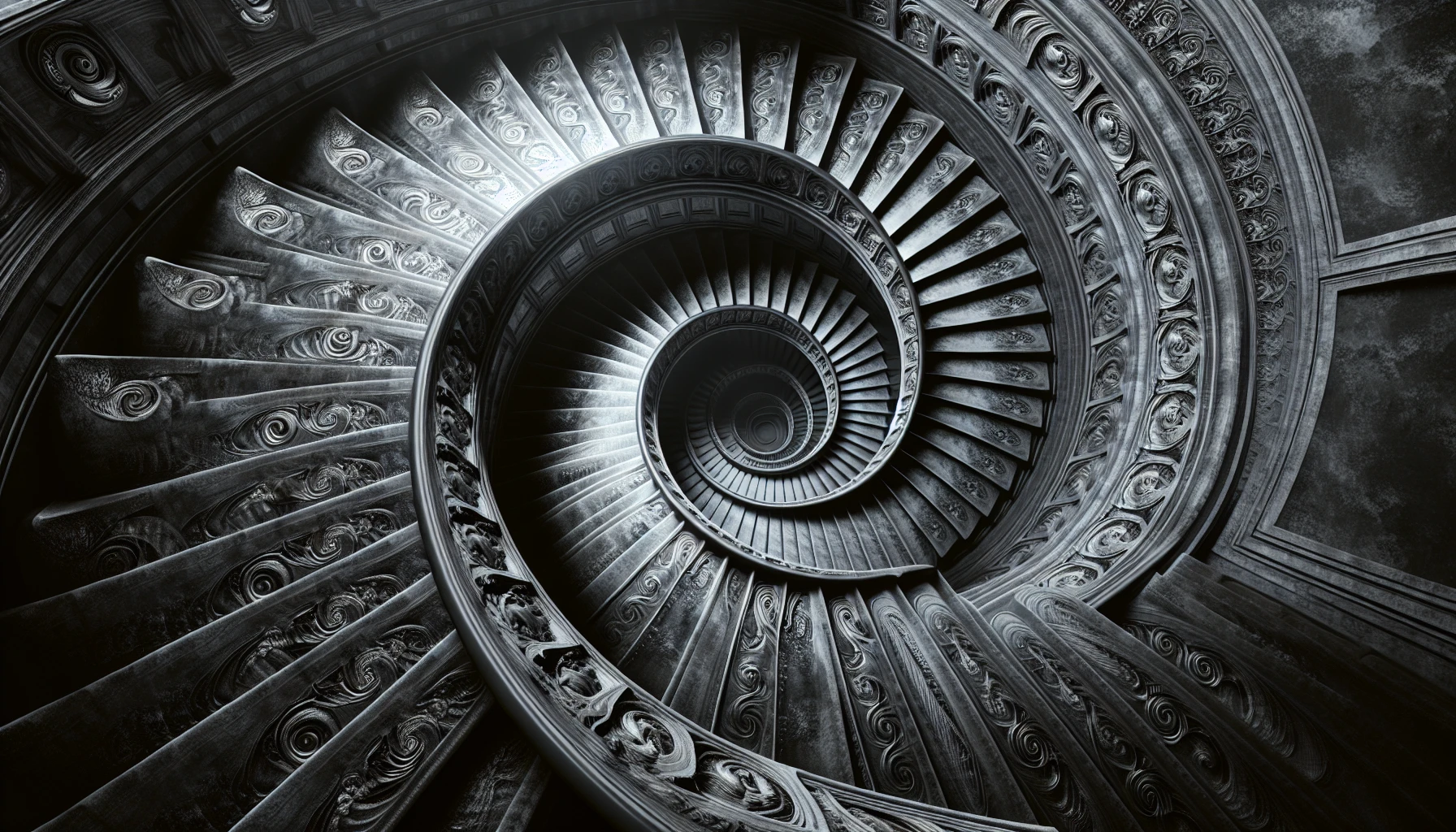 Visualize an endless spiral staircase that twists and turns into a boundless void, each step adorned with intricate carvings that capture the light like stars in the dark. The atmosphere is imbued with a haunting beauty, as shadows dance around the structure, revealing glimpses of lost souls reaching for the top. The air feels thick with mystery, drawing viewers deeper into the abyss.