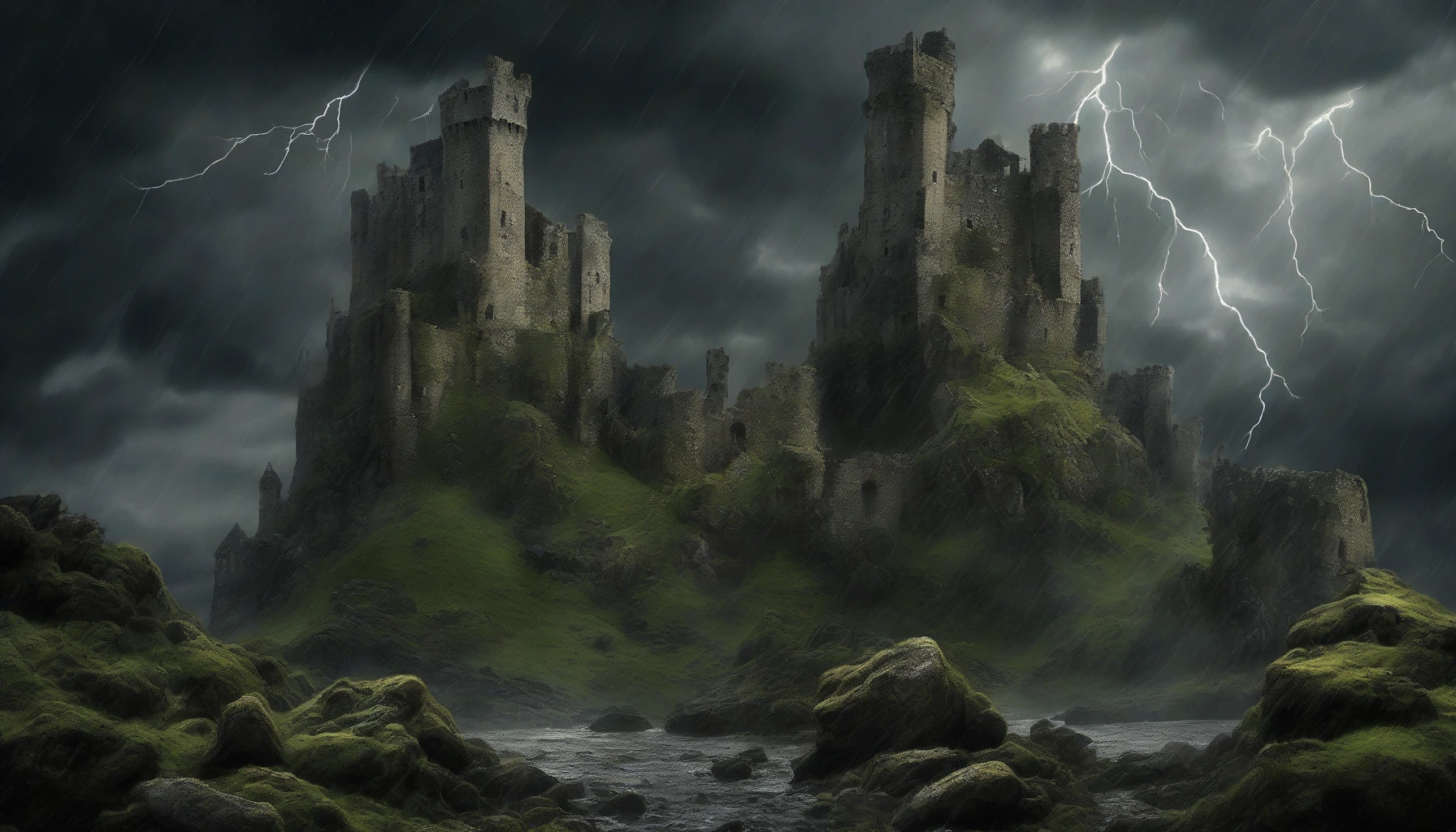 A majestic yet crumbling castle looms against a dark, tempestuous sky, lit by sporadic flashes of lightning. The wind howls through shattered towers, sending rain cascading down moss-covered stones. Each crack in the walls tells a story of forgotten glory, while ominous clouds swirl above, threatening a fierce downpour. Vivid contrasts of shadow and light create an atmosphere of eerie beauty, capturing the essence of timeless decay.