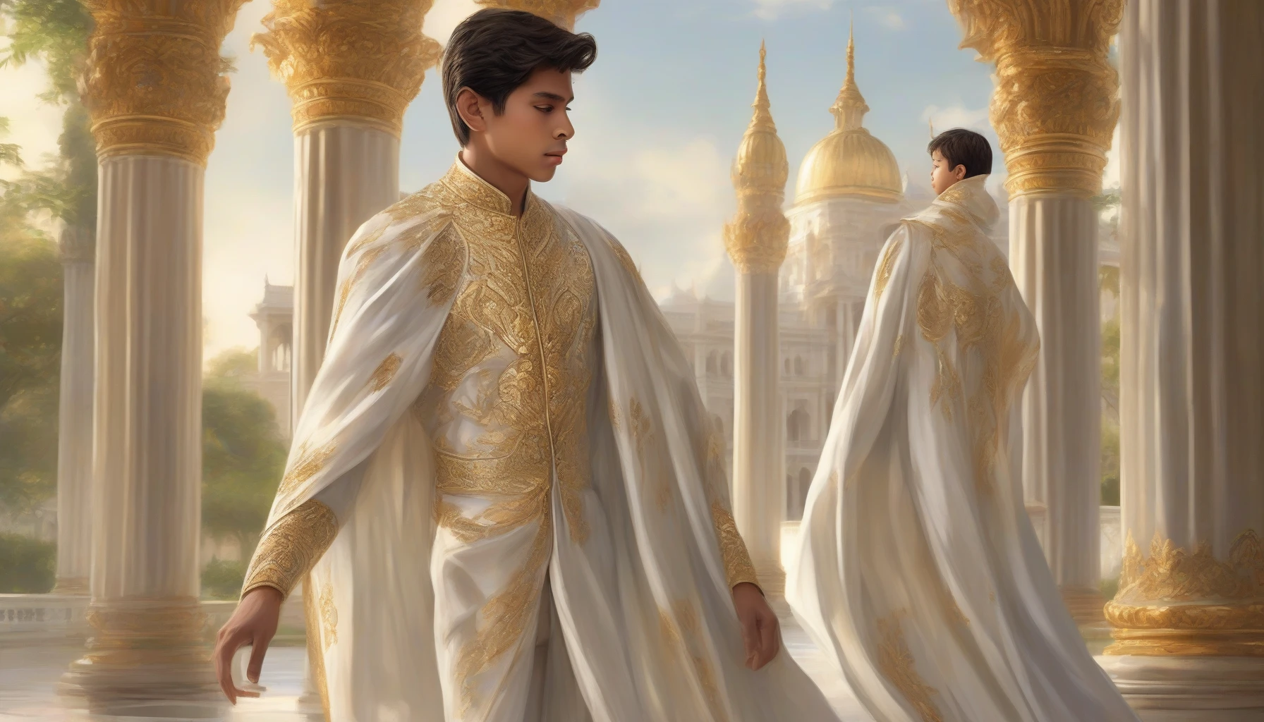 Capture the essence of a young prince standing proud in a flowing royal cape, intricately designed with gold embroidery and rich royal colors. The background is a grand palace, with towering marble pillars and lush gardens visible through arched windows. A gentle breeze billows the cape, reflecting his youthful spirit and noble lineage, while soft sunlight casts a warm glow over the scene, emphasizing his regal charm.