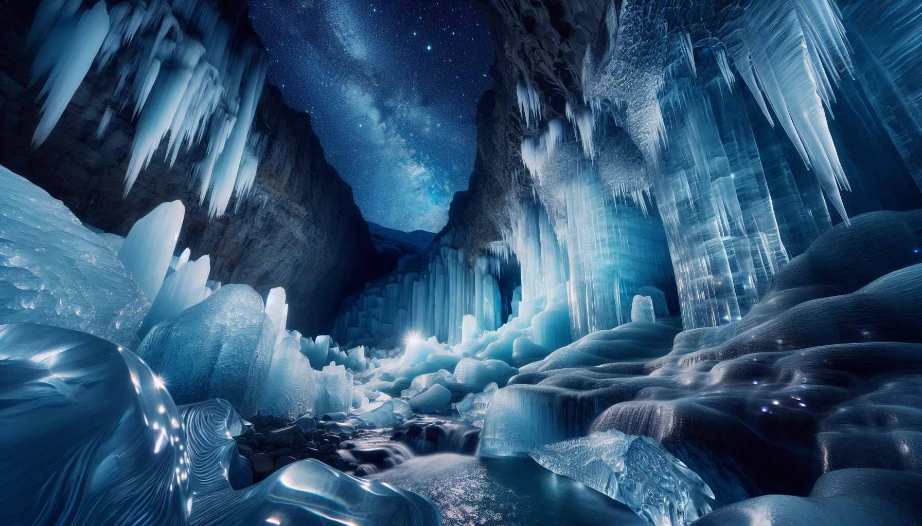 Step into a mesmerizing scene where the ethereal glow of ice formations illuminates the vast expanse of the Stellar Ice Caverns. Crystalline structures jut from the ground, shimmering in shades of blue and silver, reflecting a starlit sky above. Glacial waterfalls cascade gently, creating a serene symphony of sound. Each corner reveals intricate patterns etched into the ice, inviting explorers to uncover the secrets of this enchanting frozen realm.