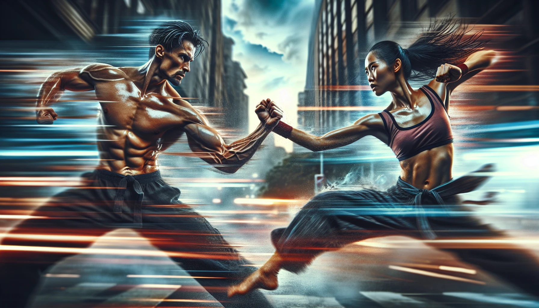 Capture an intense scene of two skilled martial artists locked in an explosive hand-to-hand combat. Their dynamic poses showcase the fluidity and power of their movements, with sweat glistening on their muscular bodies and fierce expressions of concentration. The background features a blurred urban setting, emphasizing their raw energy and determination. Vibrant colors and motion lines add to the dramatic effect, creating an exhilarating atmosphere.