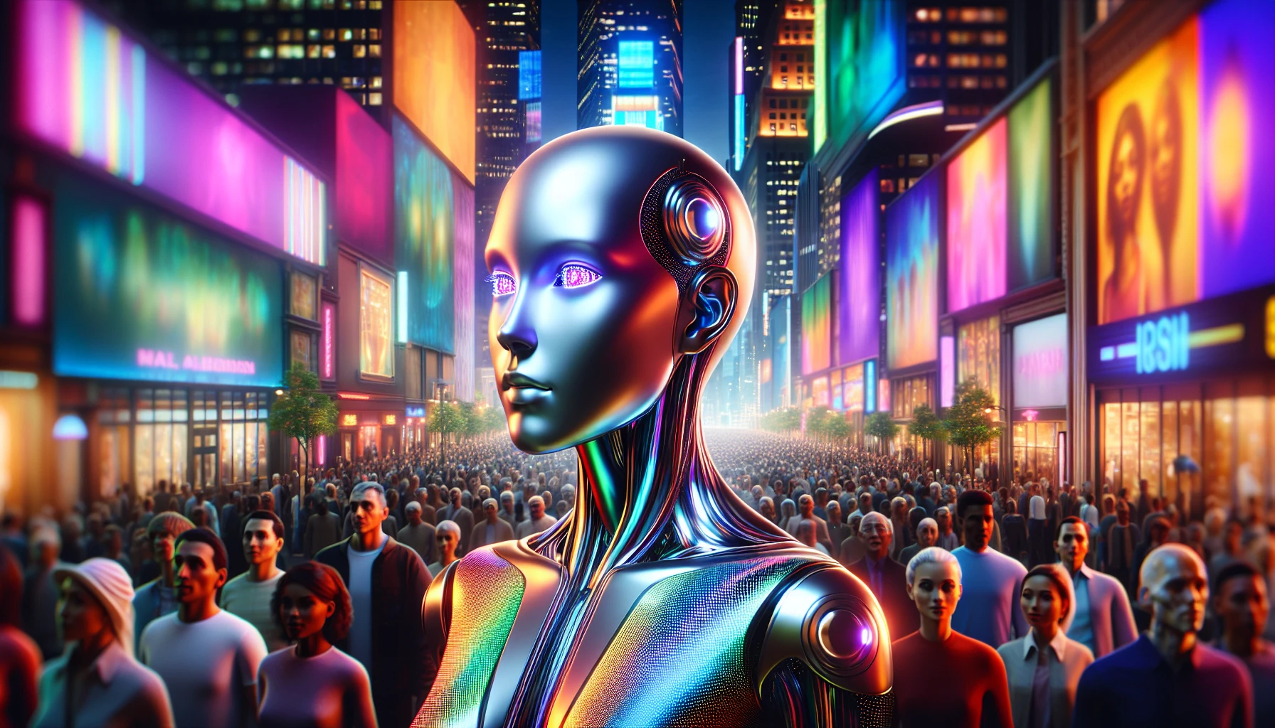 Imagine a sleek, humanoid android standing in a bustling cityscape, illuminated by neon lights. Its metallic skin reflects the vibrant colors around it, while expressive LED eyes convey a spectrum of emotions. The android wears stylish attire that blends technology with fashion, embodying both human traits and robotic precision. People around it gaze in awe, showcasing a harmonious coexistence of humanity and advanced AI, bridging the future with empathy.