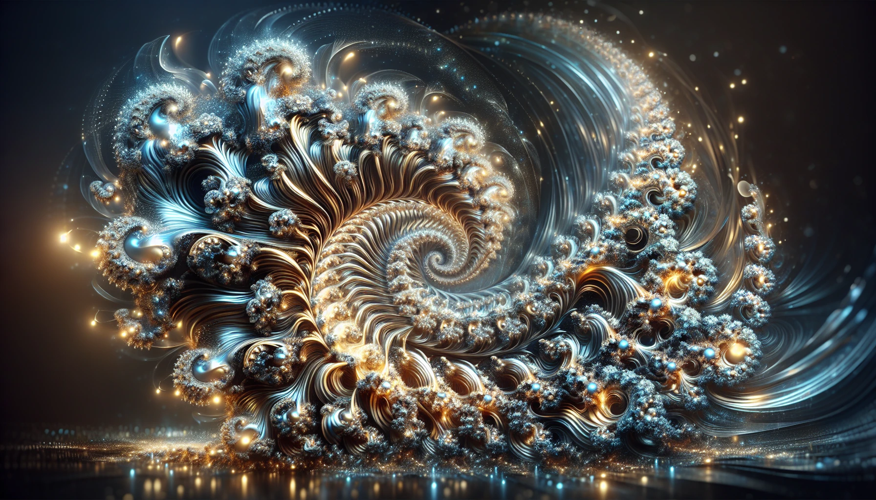 Dive into a mesmerizing world where shimmering metallic fractals swirl and dance in vibrant harmony. This stunning scene features intricate designs that mimic the elegance of nature, reflecting light in brilliant hues of gold, silver, and iridescent blues. The composition creates a sense of depth and movement, inviting the viewer to explore the enchanting interplay of geometry and color, evoking a feeling of both wonder and serenity.